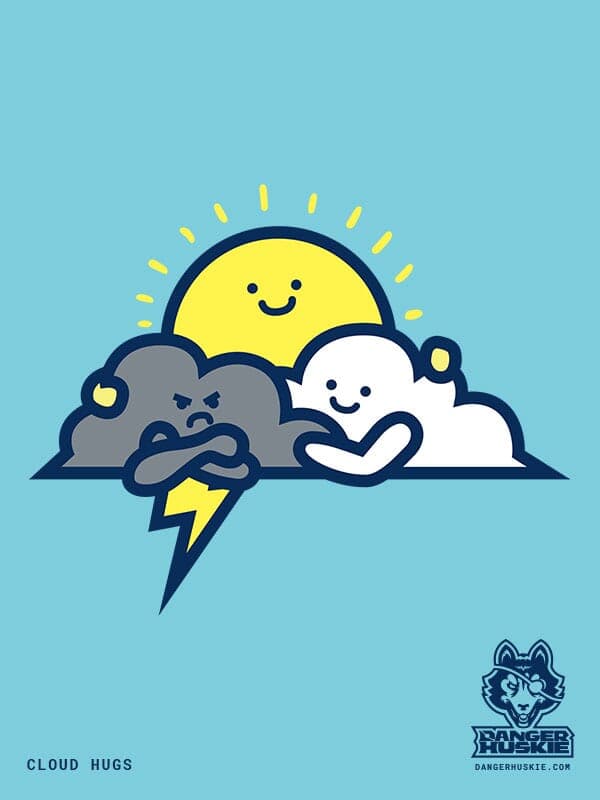 Cloud Hug | DangerHuskie by Nick Volkert A grumpy thunder cloud gets a hug from a fluffy white cloud and the sun.