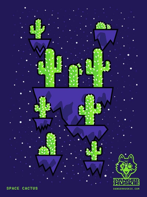 Space Cactus | Nick Volkert A group of round and pitchfork type cactus float on rocks in space with a starry background.